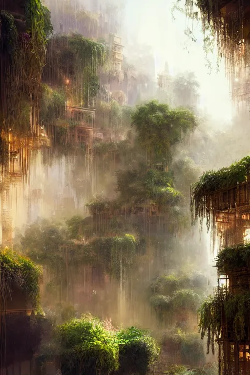 Image similar to magnificent view of the hanging gardens of babylon, intricate, elegant, volumetric lighting, digital painting, highly detailed, artstation, sharp focus, illustration, concept art, ruan jia, steve mccurry