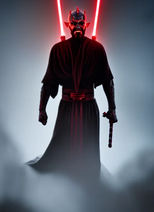 Image similar to Jesus Christ as Darth Maul the Sith, 8k octane beautifully detailed render, post-processing, extremely hyperdetailed, intricate, epic composition, grim yet sparkling atmosphere, cinematic lighting + masterpiece, trending on artstation