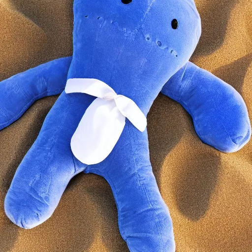 Image similar to blue'snappy gifts'plush doll, on beach sand, gifts, dark atmosphere, high detail, soft lighting, 8 k