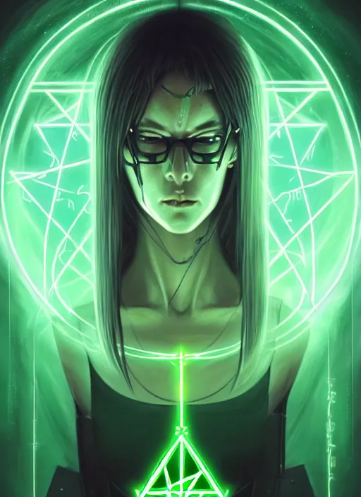 Image similar to portrait of cyberpunk inspired evangelion lady voidstar drawing a pentagram, runes, runic words, ancient evil letters, glowing green, intricate, elegant, glowing lights, highly detailed, digital painting, artstation, concept art, smooth, sharp focus, illustration, art by wlop, mars ravelo and greg rutkowski