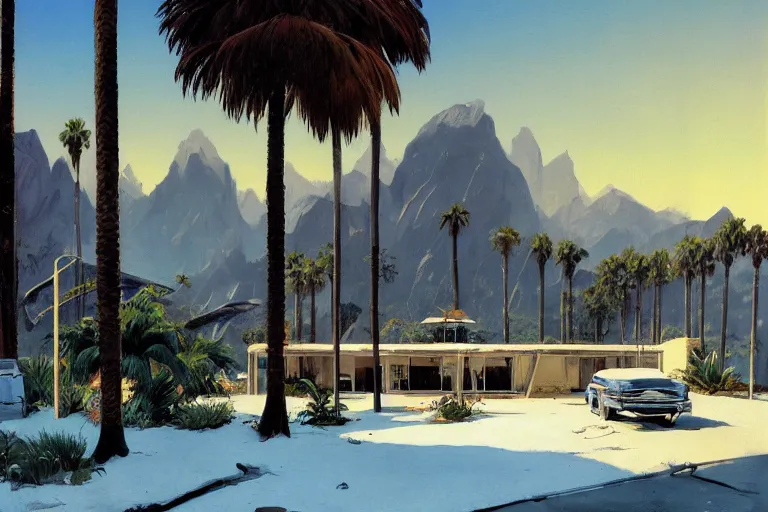 Prompt: natural american landscape | abandoned motel | palm trees | snowy mountains, painting by syd mead and weta studio and james jean, frank frazetta, highly detailed, rule of third, soft lighting, 8 k resolution, oil on canvas, architectural magazine, beautiful detailed, insanely intricate details, artstation trending, hypermaximalistic, high details, cinematic