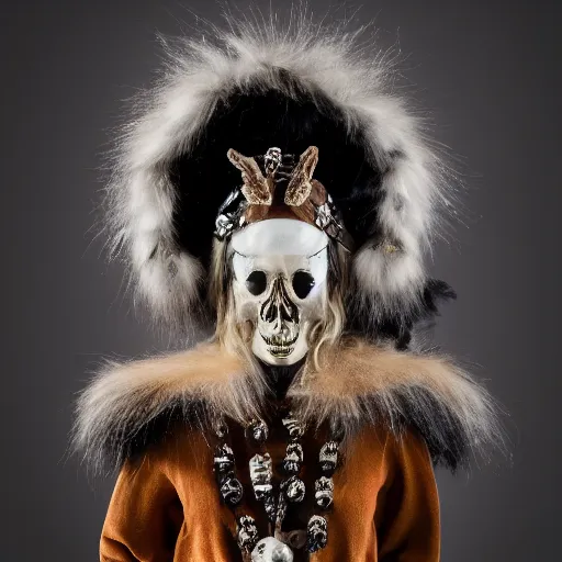 Prompt: a photographic portrait of a anthropomorphic norse mythology mimosa, wearing furry clothes and artifact head gear made of deer horn and skull bones embaded with jewels in the style of heilung an experimental folk music band, elegant, highly detailed, hyper realism, 4k, DSLR, smooth, sharp focus, octane render, 3d, good clear quality, lighting, biology, symmetrical artwork, perfect face, high detail, octane render