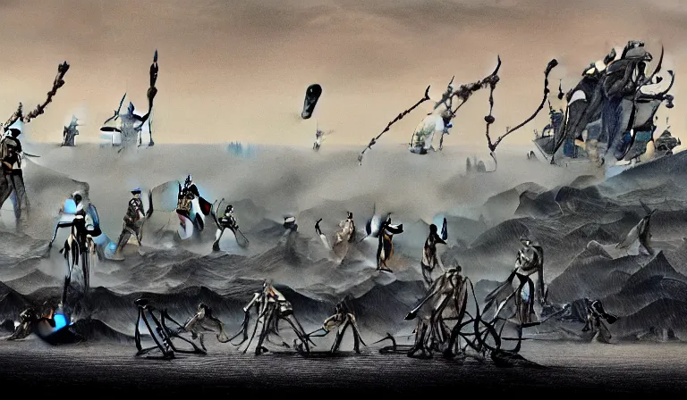 Image similar to still frame from Prometheus by Yves Tanguy and utagawa kuniyoshi, Wast hell plains with resurecting bio cyborgs in style of Jakub rozalski and Simon Stalenhag with character designs by Neri Oxman, metal couture haute couture editorial