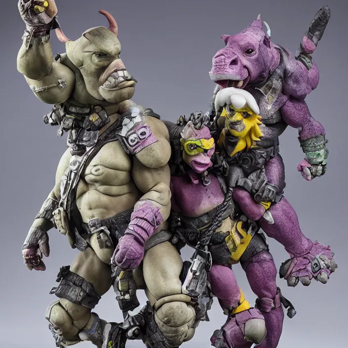 Prompt: a detailed figure of beebop and rocksteady, first 4 figures, detailed product photo