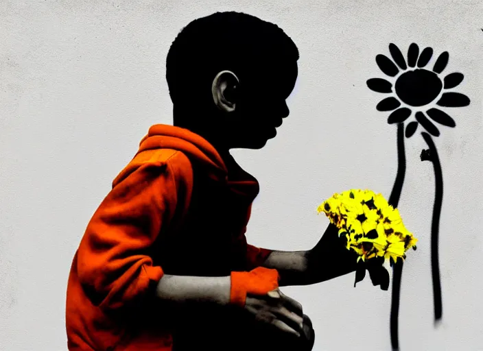 Image similar to a side profile of a black and white single boy holding colourful flowers in the style of Banksy on a white concrete background, graffiti, digital art