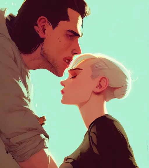 Prompt: portrait of bucky kissing natasha by atey ghailan, by greg rutkowski, by greg tocchini, by james gilleard, by joe fenton, by kaethe butcher, dynamic lighting, gradient light blue, brown, blonde cream and white color scheme, grunge aesthetic