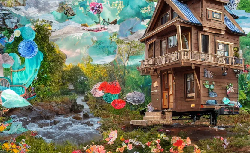 Image similar to hyperdetailed tinyhouse, seen from the distance. along a maximalist river made of paper and unexpected interesting fabric elements. 8 x 1 6 k hd mixed media 3 d collage in the style of a childrenbook illustration in soft natural tones. matte background no frame hd