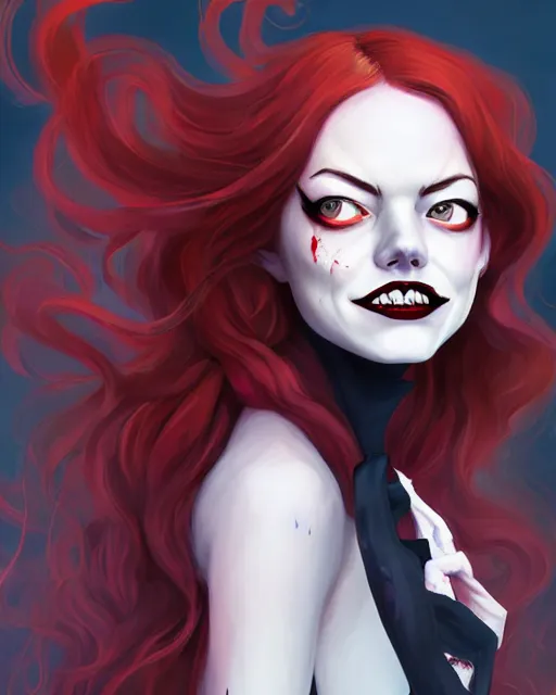 Image similar to a portrait of a beautiful full body Emma Stone vampire sharp teeth open mouth, covered in blood, art by lois van baarle and loish and ross tran and rossdraws and sam yang and samdoesarts and artgerm, digital art, highly detailed, intricate, sharp focus, Trending on Artstation HQ, deviantart, unreal engine 5, 4K UHD image