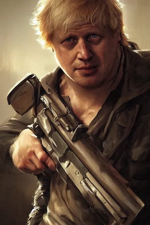 Image similar to Boris Johnson as Rambo First Blood, Boris Johnson hairstyle, masculine figure, highly detailed, digital painting, artstation, concept art, smooth, sharp focus, illustration, cinematic lighting, art by artgerm and greg rutkowski and alphonse mucha