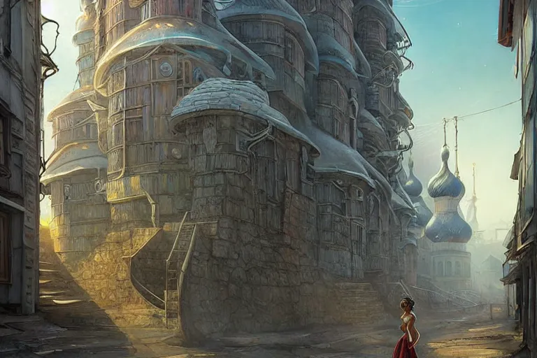 Image similar to It’s enchanting on the streets of Russian panel houses quarters on the Moon city, Norilsk, sci-fi, fantasy, intricate, very very beautiful, elegant, digital painting, trending on Behance, concept art, smooth, sharp focus, illustration, art by artgerm and greg rutkowski and Evgeny Zubkov and alphonse mucha