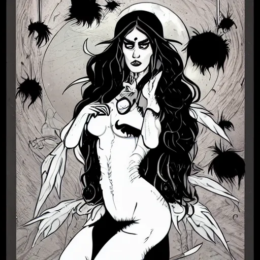 Image similar to Jennifer Connelly as dark fae gothic atompunk evil Disney villain queen with black feather hair, feathers growing out of skin, in front of space station window, Mike mignola, trending on artstation, comic book cover, illustration