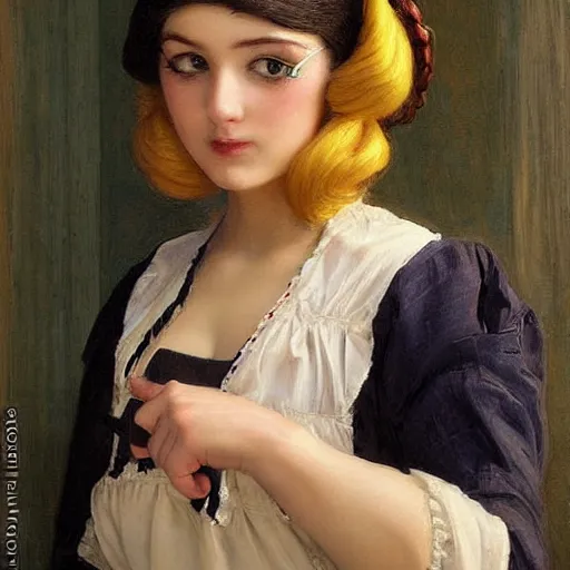 Image similar to maid cosplay, symmetric beautiful face, orientalism portrait of a cute young woman with twin tails by Edwin Longsden Long and Theodore Ralli and Nasreddine Dinet and Adam Styk masterful intricate artwork