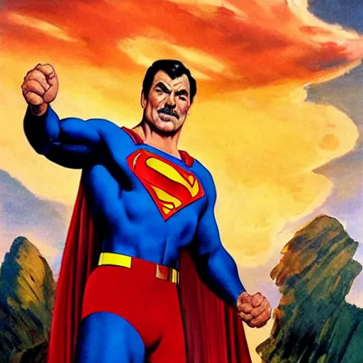 Image similar to ultra realistic portrait painting of tom selleck as superman, art by frank frazetta, 4 k, ultra realistic, highly detailed, epic lighting