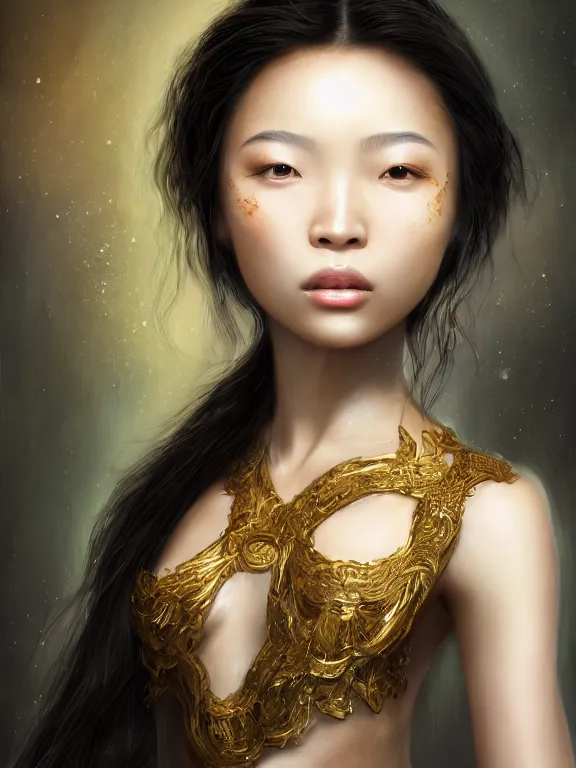 Image similar to beautiful portrait of a Chinese-French mixed race female, subtropical ethnicity, ivory skin, dark brown long hair, dark brown eyes, wearing fantasy minority costume,intricate, elegant, highly detailed, dim volumetric lighting, abstract, 8k,octane,post-processing,digital painting, trending on artstation, concept art, smooth, sharp focus, illustration,by Tom Bagshaw and Daniel Gerhartz and Albert Aublet and Lawrence Alma-Tadema and alphonse mucha