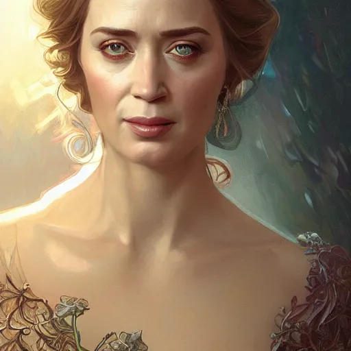 Image similar to portrait of emily blunt, fantasy, intricate, elegant, highly detailed, digital painting, artstation, concept art, smooth, sharp focus, illustration, art by artgerm and greg rutkowski and alphonse mucha