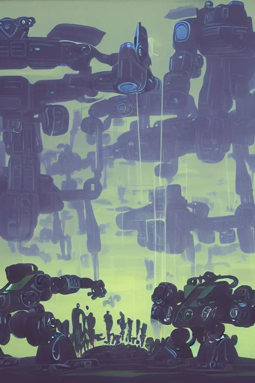 Image similar to giant mecha robot fight with giant сyclops with laser, swamps landscape and pillars by helen lundeberg