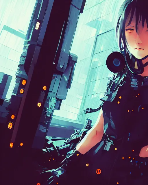 Image similar to kyoto animation, cool girl wearing cyberpunk intricate jumpsuit, respirator, detailed portrait, cell shaded, 4 k, concept art, by wlop, ilya kuvshinov, artgerm, krenz cushart, greg rutkowski, pixiv. cinematic dramatic atmosphere, sharp focus, volumetric lighting, cinematic lighting, studio quality