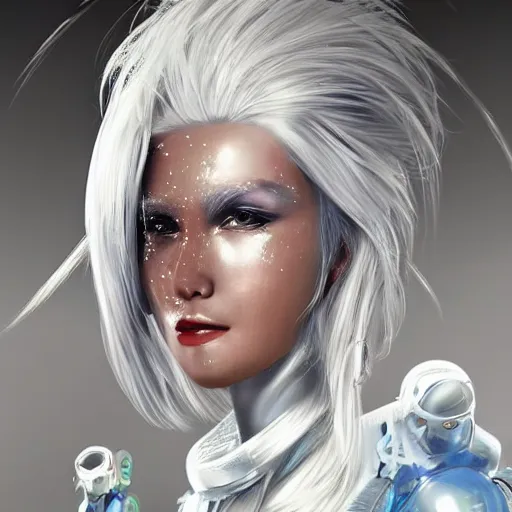 Image similar to beautiful white haired woman dressed in see through space suit in the style of zezhou chen art highly detailed, smooth, sharp focus