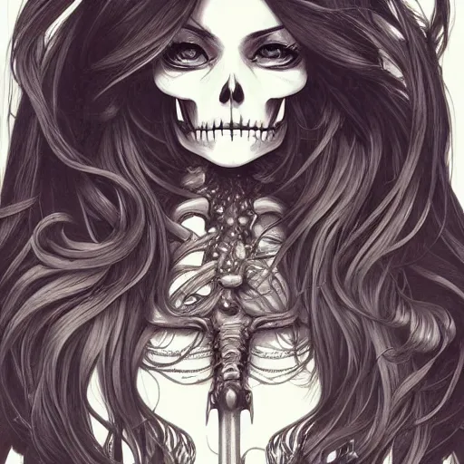 Image similar to anime manga skull portrait young woman long wavy hair skeleton, intricate, elegant, highly detailed, digital art, ffffound, art by JC Leyendecker and sachin teng