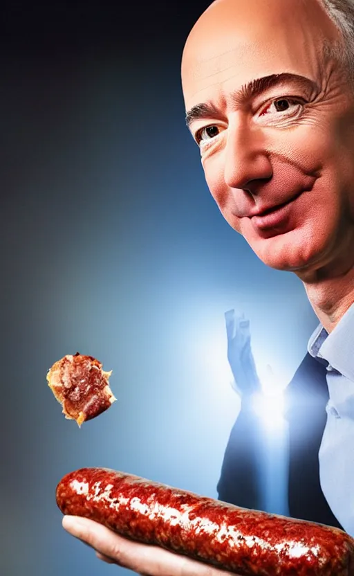 Image similar to Portrait of Jeff Bezos selling a new type of sausage, splash art, movie still, cinematic lighting, dramatic, octane render, long lens, shallow depth of field, bokeh, anamorphic lens flare, 8k, hyper detailed, 35mm film grain