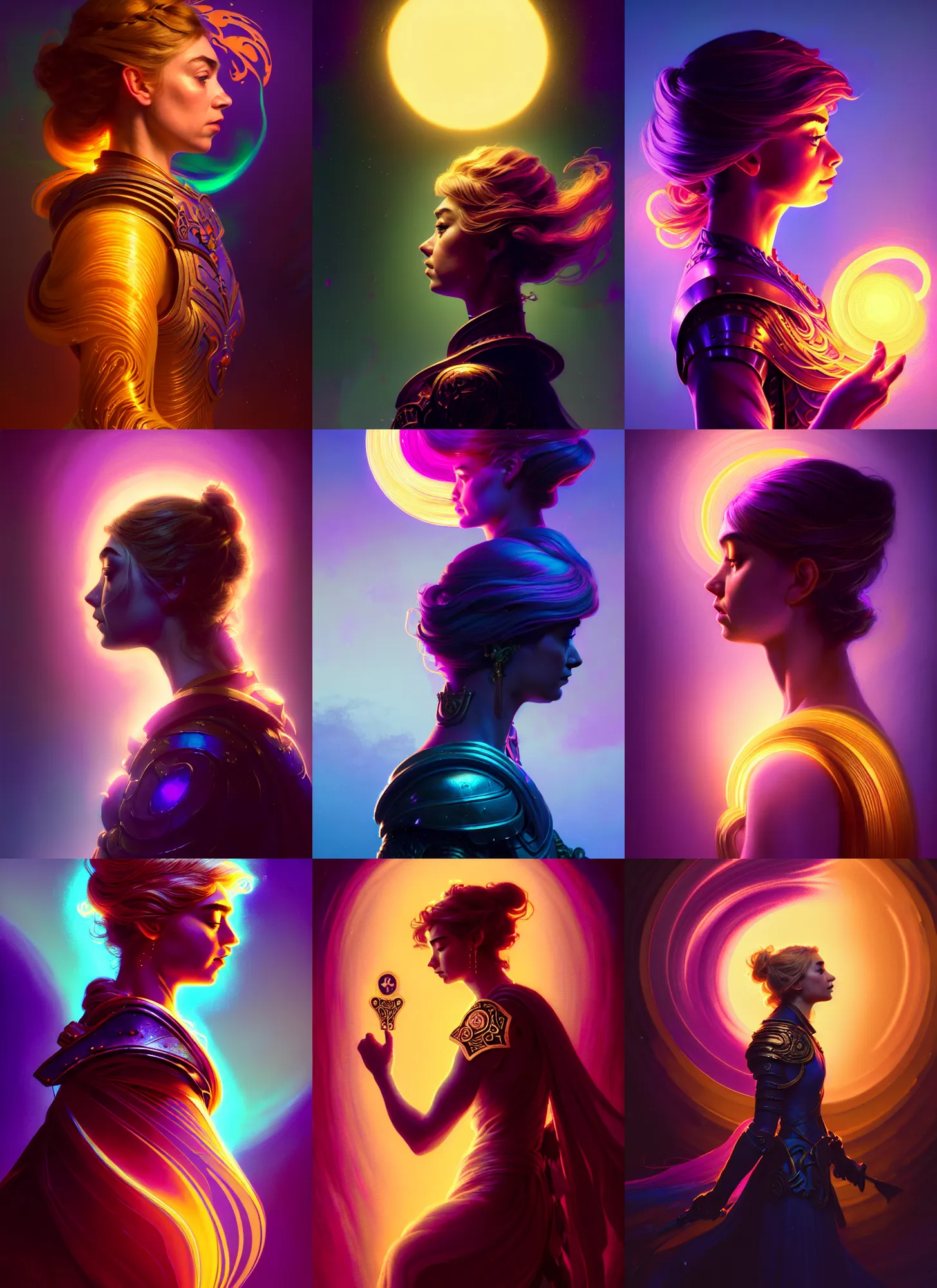 Prompt: side portrait, imogen poots paladin, gloomhaven, soft, smooth, luminescent, art nouveau tarot, backlit glow, colorful swirly ripples, gaudy colors, fashion, aesthetic octane render, unreal engine, 8 k, by greg rutkowski, jesper ejsing, rhads, ilya kuvshinov, cushart krenz