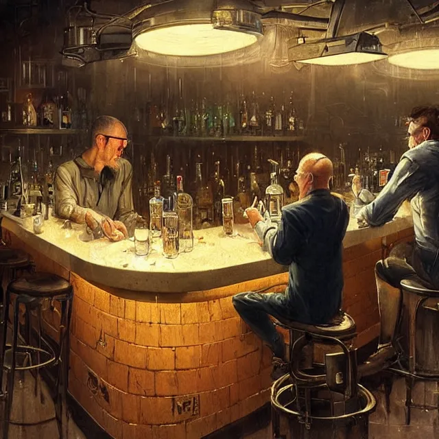 Prompt: two men sitting at a bar drinking whiskey being served by a robot bartender, near future, sci - fi concept art, by greg rutkowski and norman rockwell, highly detailed, intricate details, soft lighting, studio lighting
