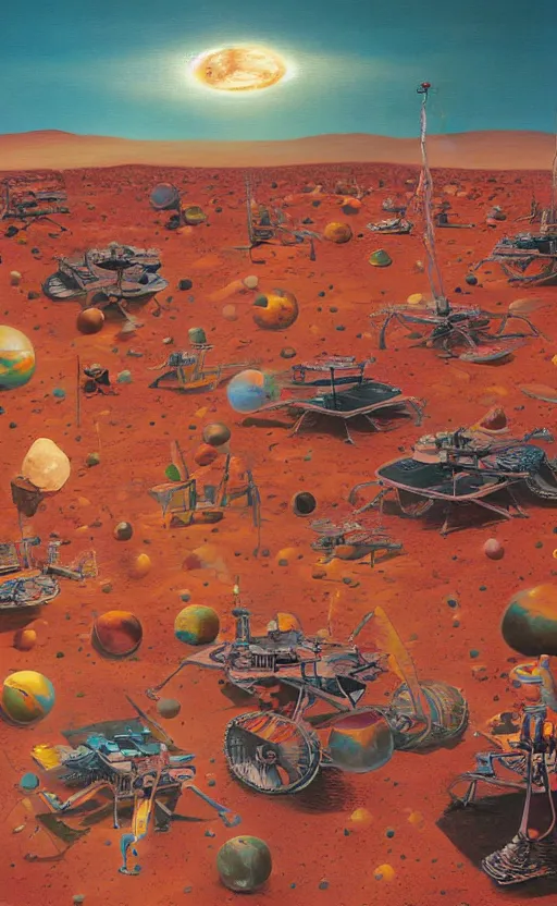 Image similar to a surreal painting of a flamboyant party on the surface of mars