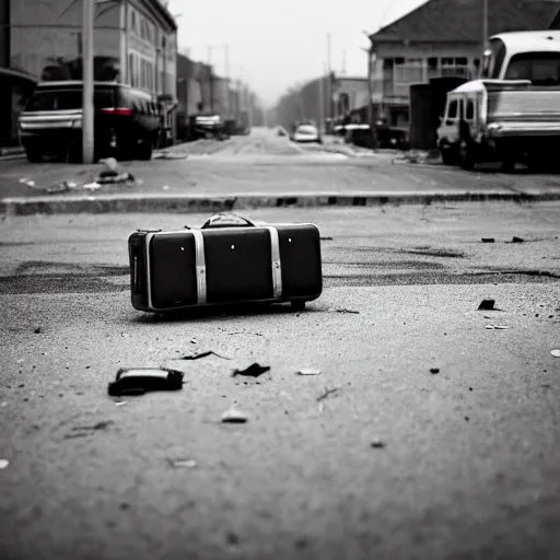 Prompt: Shot from below, of a ransacked suitcase left on the ground, in a town filled with pale yellow mist. In the background, cars are abandoned. Dystopian. End of the world. Depth of field. Film grain. Documentary photo. Sigma 40mm f/1.4 DG HSM