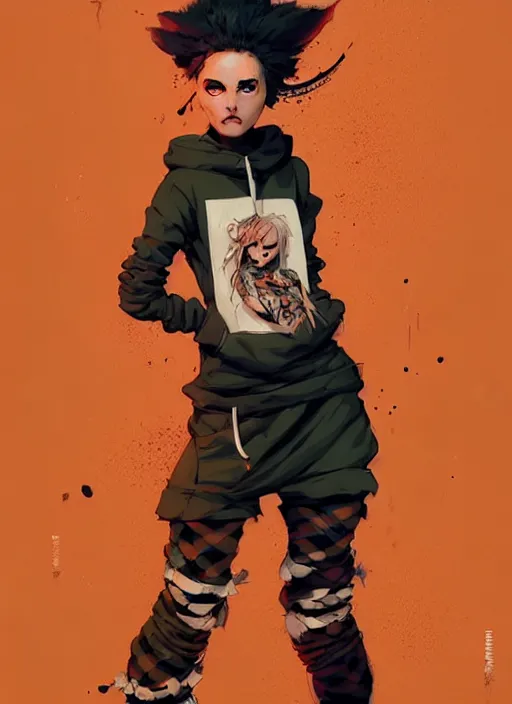 Prompt: highly detailed portrait of a sewer punk lady, tartan hoody, blonde ringlet hair by atey ghailan, by greg rutkowski, by greg tocchini, by james gilleard, by joe fenton, by kaethe butcher, gradient orange, black, cream and white color scheme, grunge aesthetic!!! ( ( graffiti tag wall background ) )