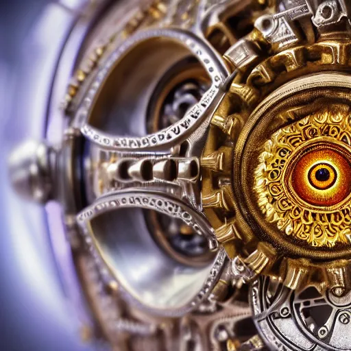 Image similar to a macro photo of a gold and silver mechanical eye, close - up, large intricate iris with gears and inside, intricate gears and lenses and filaments, intricately detailed engravings, intricately detailed markings, intricate textures, warm lighting, vivid colors, realistic octane render, hyper realistic render, volumetric shading, depth of field, raytracing, 8 k,