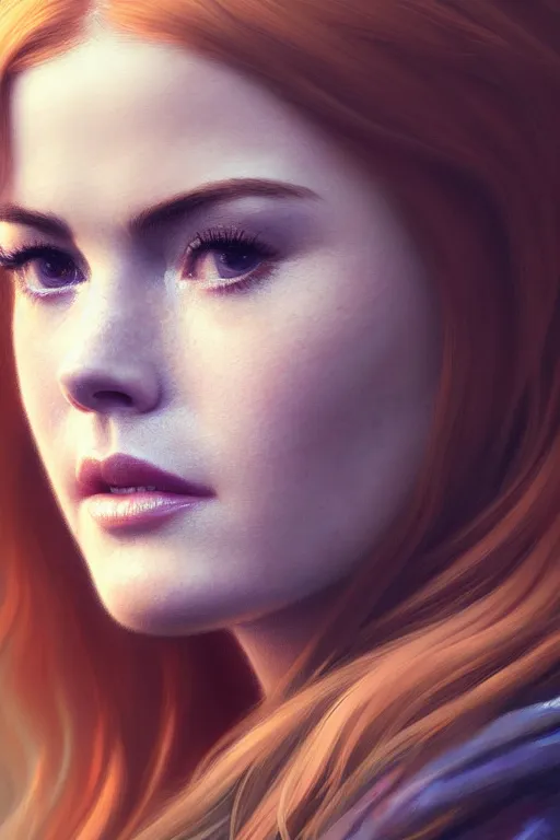 Image similar to ultra detailed close up facial portrait of isla fisher, extremely detailed digital painting, in the style of fenghua zhong and ruan jia and jeremy lipking and peter mohrbacher, mystical colors, rim light, beautiful lighting, 8 k, stunning scene, raytracing, octane, trending on artstation