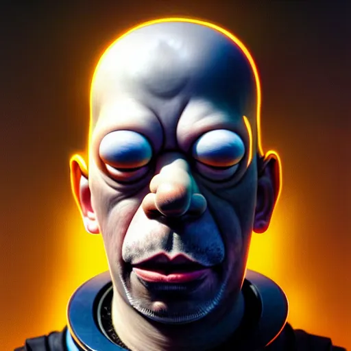Image similar to portrait painting of cyberpunk homer simpson, ultra realistic, concept art, intricate details, eerie, highly detailed, photorealistic, octane render, 8 k, unreal engine. art by artgerm and greg rutkowski and magali villeneuve and alphonse mucha