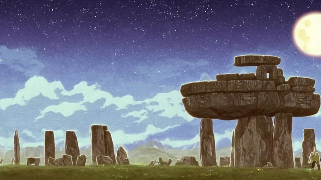 Image similar to a cell shaded cartoon movie still from princess mononoke ( 1 9 9 7 ) showing a golden ufo over stonehenge. in the background is machu pichu on a misty and starry night. very dull muted colors, hd, 4 k, hq