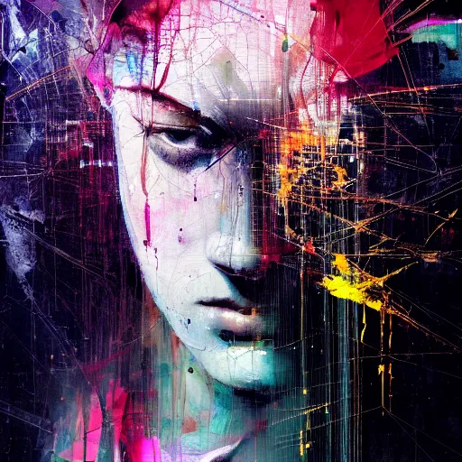 Prompt: beautiful young woman cyber dreamer glitchcore wires, machines, by jeremy mann, francis bacon and agnes cecile, and dave mckean ink drips, paint smears, digital glitches glitchart