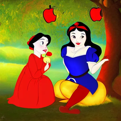 Prompt: snow white and the apple, colorful digital art