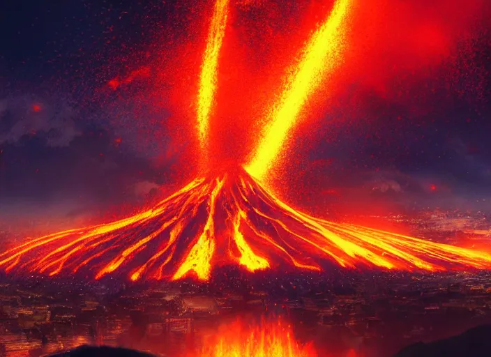 Prompt: volcano erupting in the distance, with lava flowing, l through the city, at night, by wlop, anime key visual, cozy, death by fire, warm colors, key visual, high detail