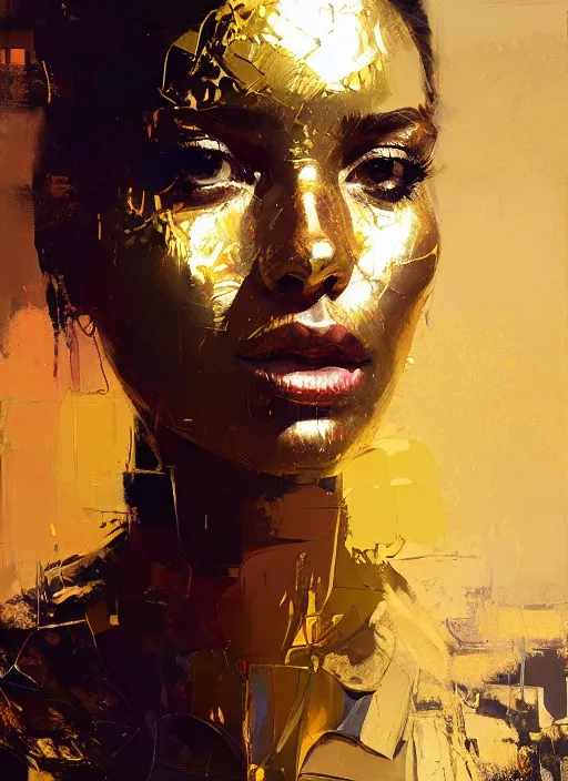 Image similar to outdoor portrait of a beautiful girl, shades of gold, beautiful face, rule of thirds, intricate outfit, spotlight, by greg rutkowski, by jeremy mann, by francoise nielly, digital painting