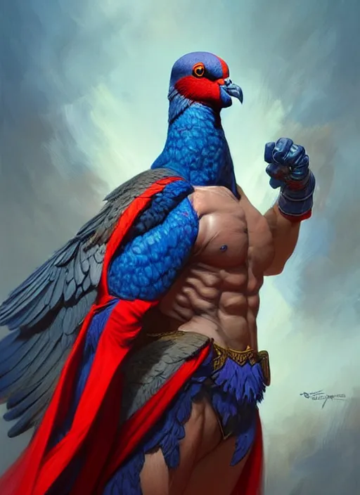 Image similar to portrait of aggressive pigeon humanoid, d & d, muscular! blue and red, fantasy, intricate, elegant, highly detailed, digital painting, artstation, concept art, smooth, sharp focus, illustration, art by artgerm and greg rutkowski and alphonse mucha