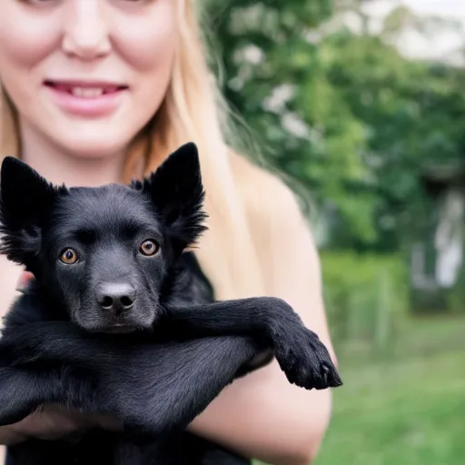 Image similar to a young woman holding a black dog