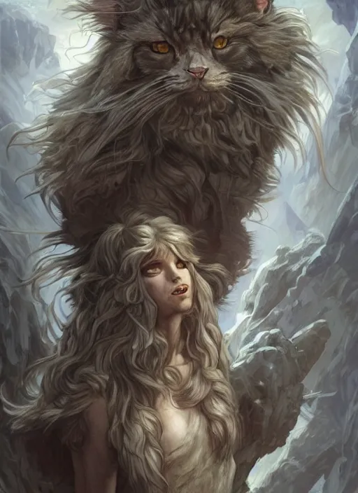 Image similar to stone maine coon, anthropomorphic large maine coon, dnd bipedal golem character, golem coon, aware. stone cat. dnd character concept, dnd digital painting, dnd artstation, dnd concept art, smooth, super sharp focus, illustration, art by artgerm and h r giger and alphonse mucha. epic fantasy illustration for dnd character