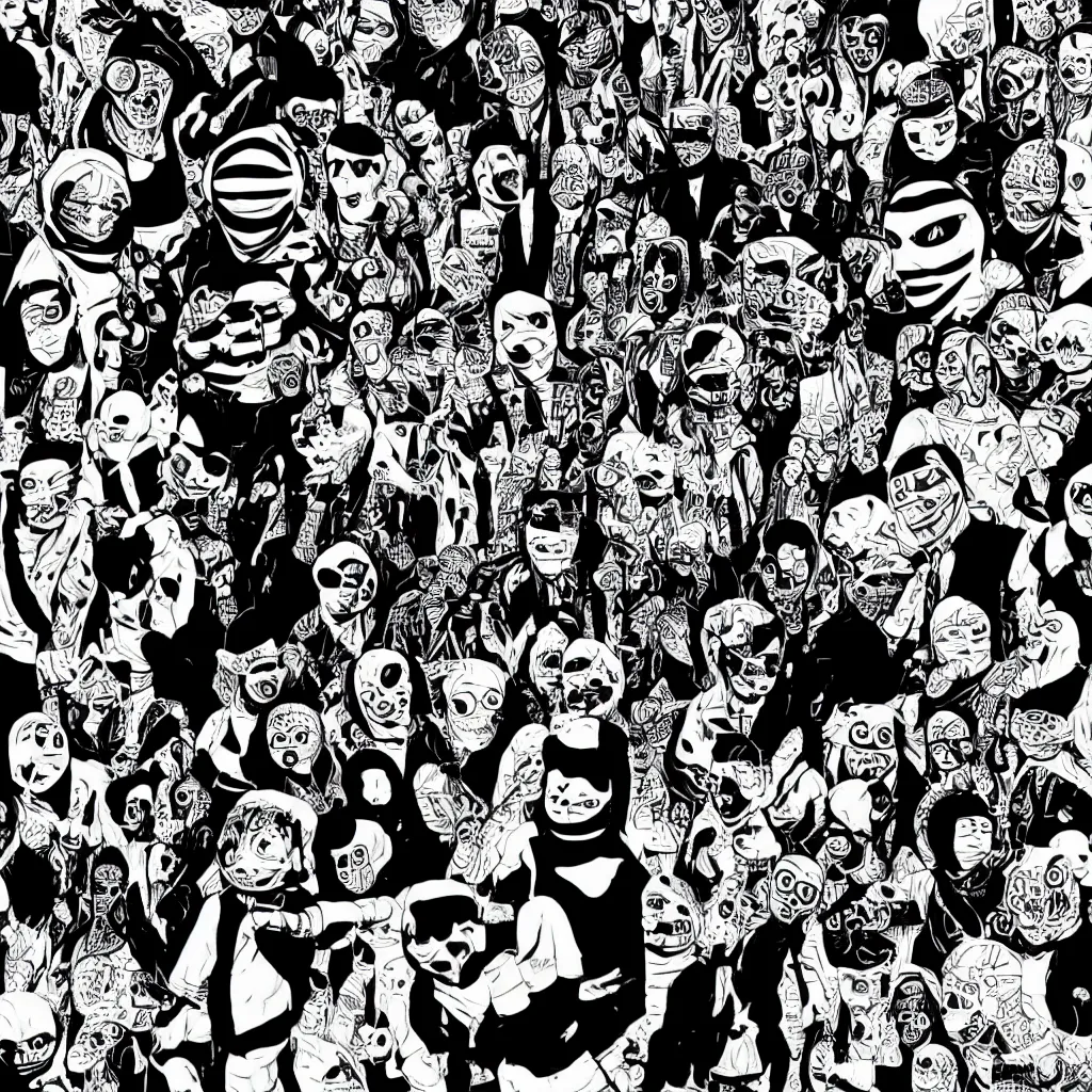 Image similar to faceless human figures, kazuo umezu artwork, jet set radio artwork, stripes, tense, space, skimask, balaclava, ominous, minimal, cybernetic, cowl, dots, stipples, lines, hashing, thumbprint, dark, eerie, circuit board, crosswalks, guts, folds, tearing, painting