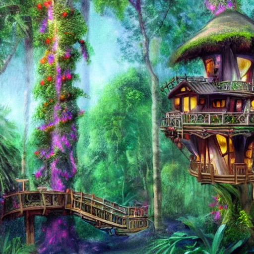 Prompt: fancy treehouse in the enchanted forest detailed magical realism photo realistic painting 8k trending on artstation with colorful tropical flowers and palm trees