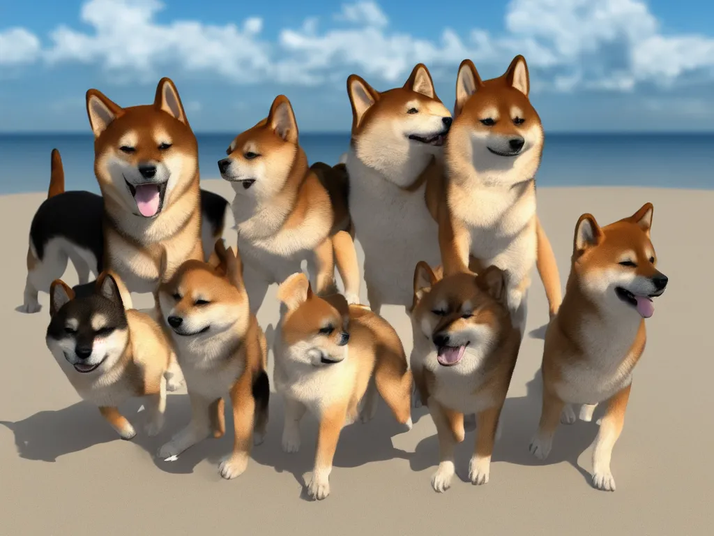 Prompt: a family of shiba inu dogs at the beach, photorealistic, insane engine, high definition, 3d render, trending on artstation,