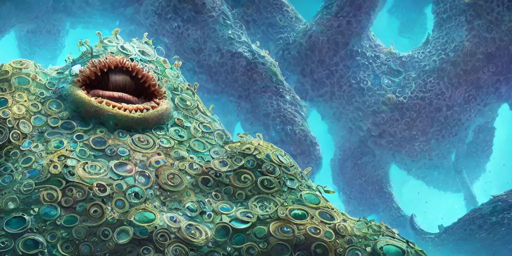 Prompt: of an intricate sea reef with strange cute friendly happy creatures with huge eyes, mouth, long tongue, round teeth and goofy face, appearing from the background, in the style of gehry and gaudi, macro lens, shallow depth of field, ultra detailed, digital painting, trending artstation, concept art, illustration, cinematic lighting, photorealism, epic, octane render