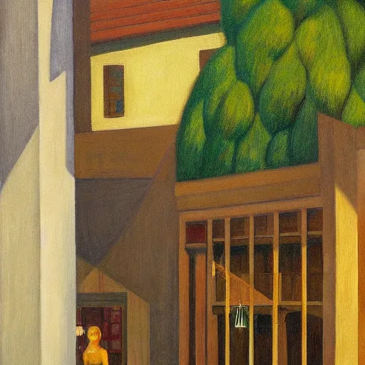 Prompt: fantastical old half - timber courtyard, grant wood, pj crook, edward hopper, oil on canvas