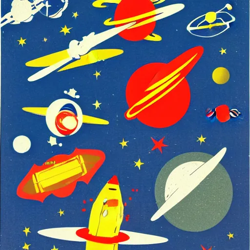 Prompt: A mid-century modern collage of NASA Space Travel. Materials: random shapes cut from magazines, torn construction paper, glitter. 1955