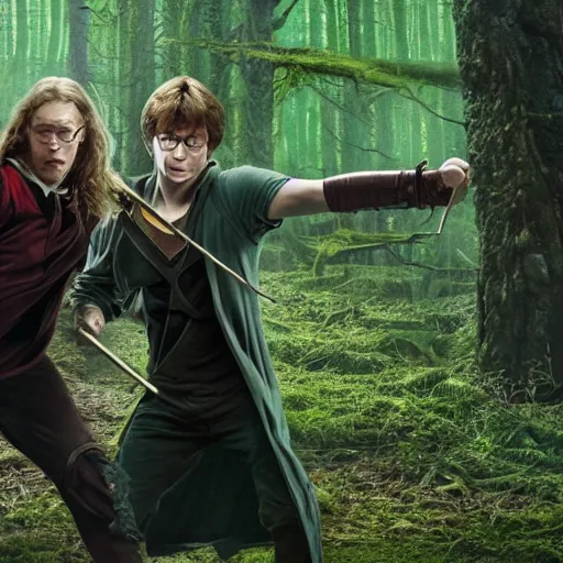 Prompt: Harry Potter fights Thor in a dark forest, 4k, highly detailed, photorealistic
