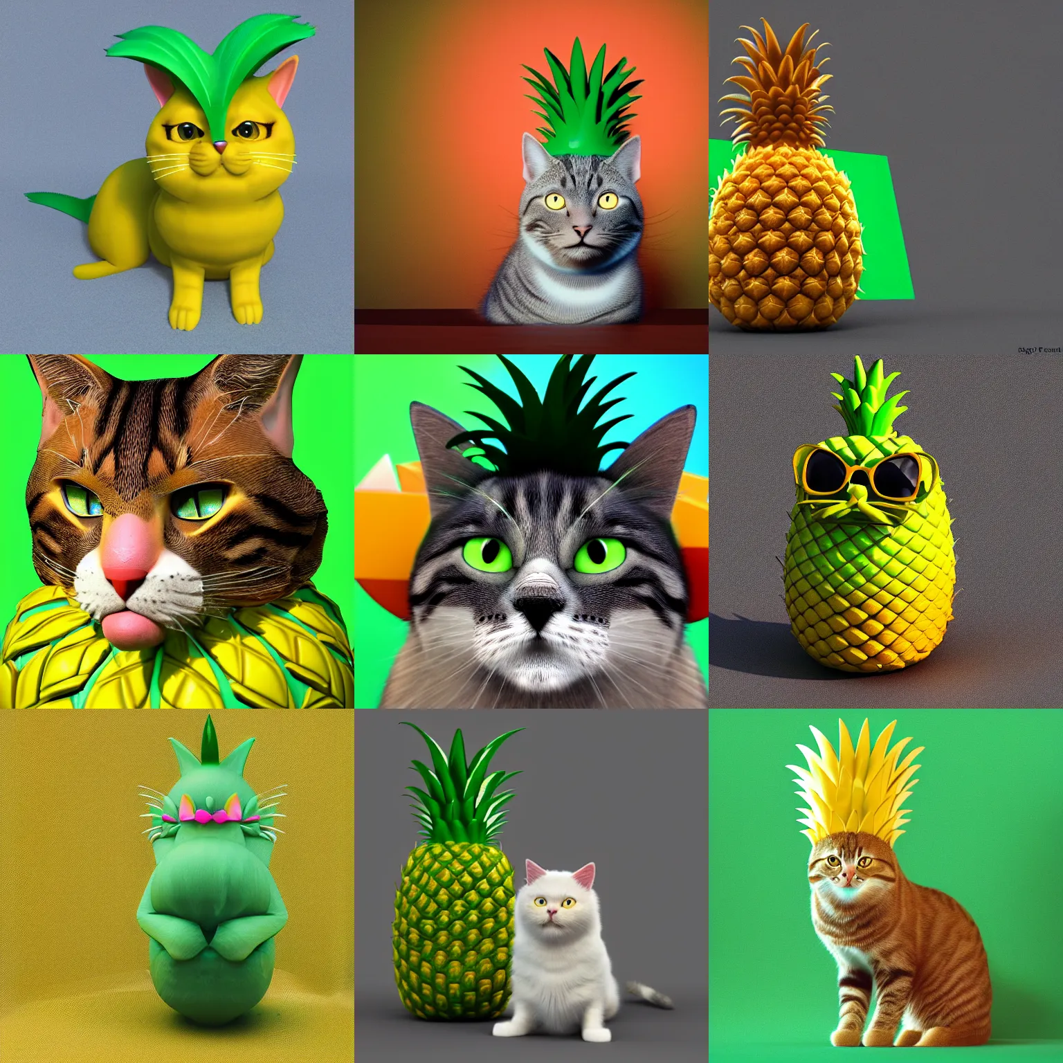 Prompt: Cat as pineapple, 3D unreal render, colorful, trending on artstation, green background