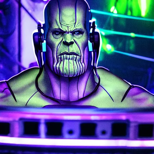 Prompt: photo of Thanos is djing at an underground warehouse rave, he is looking very worried. award winning, atmosphere, coloured lasers and stage lighting, stage smoke, 1x