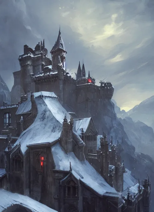 Image similar to a painting of a castlevania, dishonored 2 style castle in the middle of a snowy mountain, a detailed matte painting by andreas rocha and greg rutkowski, featured on artstation, fantasy art, matte drawing, matte painting, artstation hq